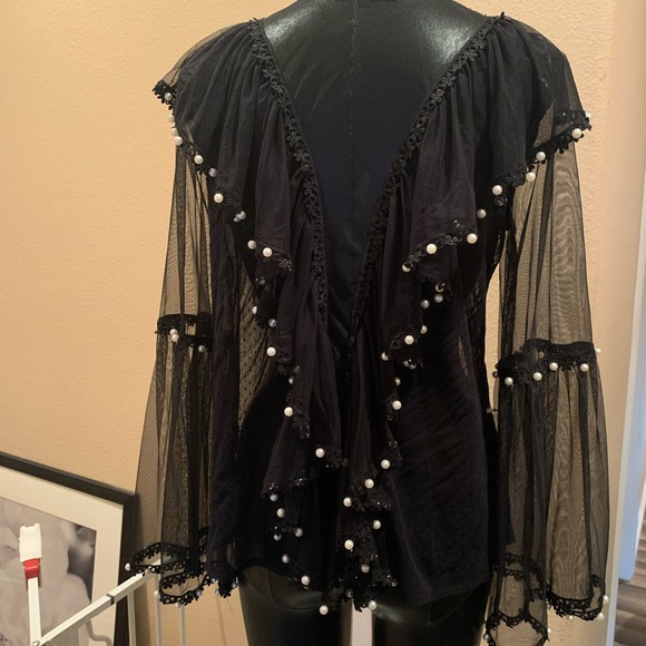 JASPAL Sheer Lace black blouse with pearl details - Picture 5 of 7